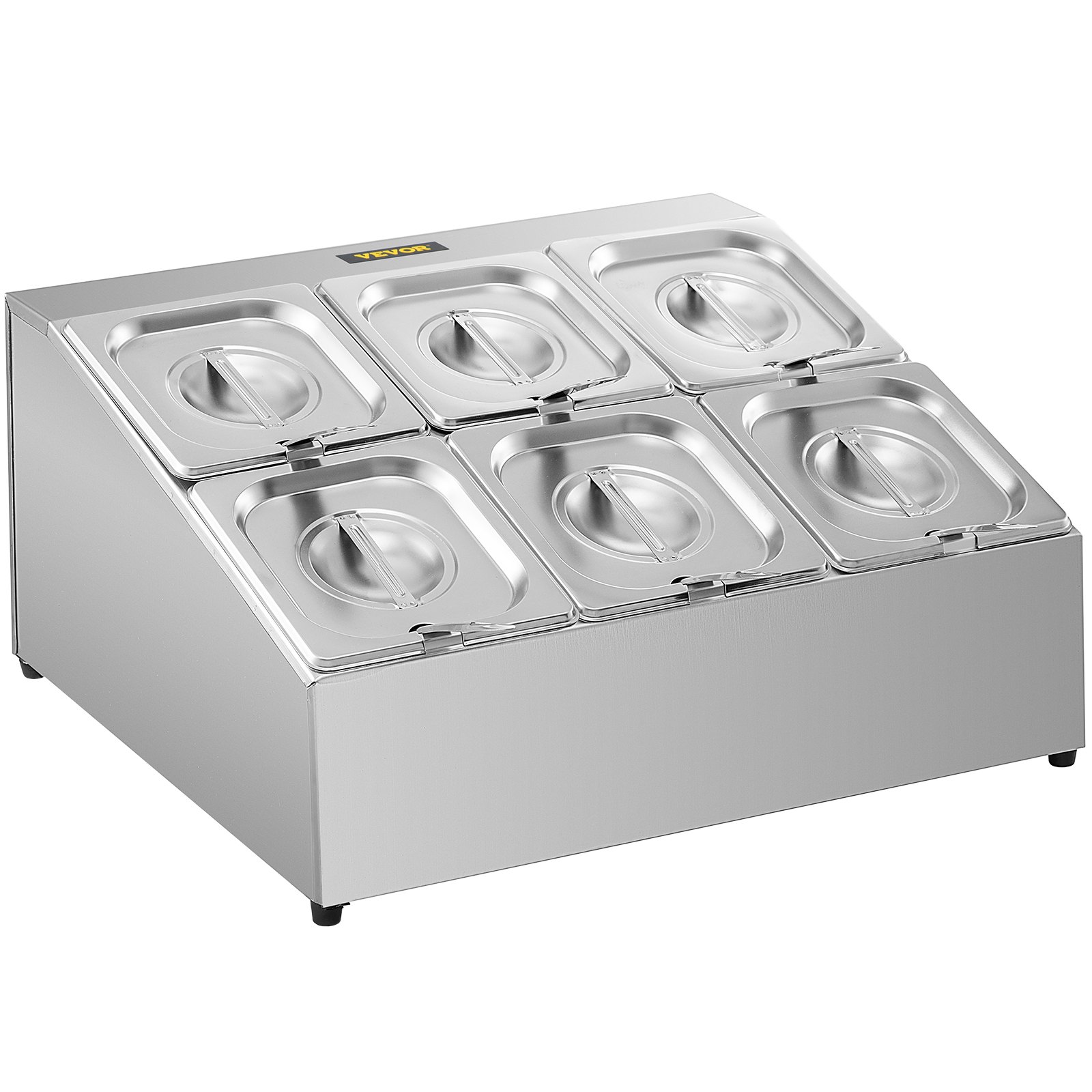 Estante para especias VEVOR, dos filas, soporte organizador de acero inoxidable con seis sartenes de 1/6 y seis cucharones, soporte inclinado para encimera para condimentar salsa, mermelada, ingredientes de frutas, para uso en despensa de cocina