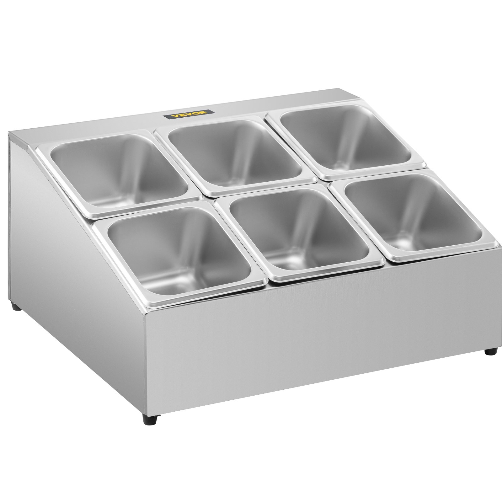 Estante para especias VEVOR, dos filas, soporte organizador de acero inoxidable con seis sartenes de 1/6 y seis cucharones, soporte inclinado para encimera para condimentar salsa, mermelada, ingredientes de frutas, para uso en despensa de cocina