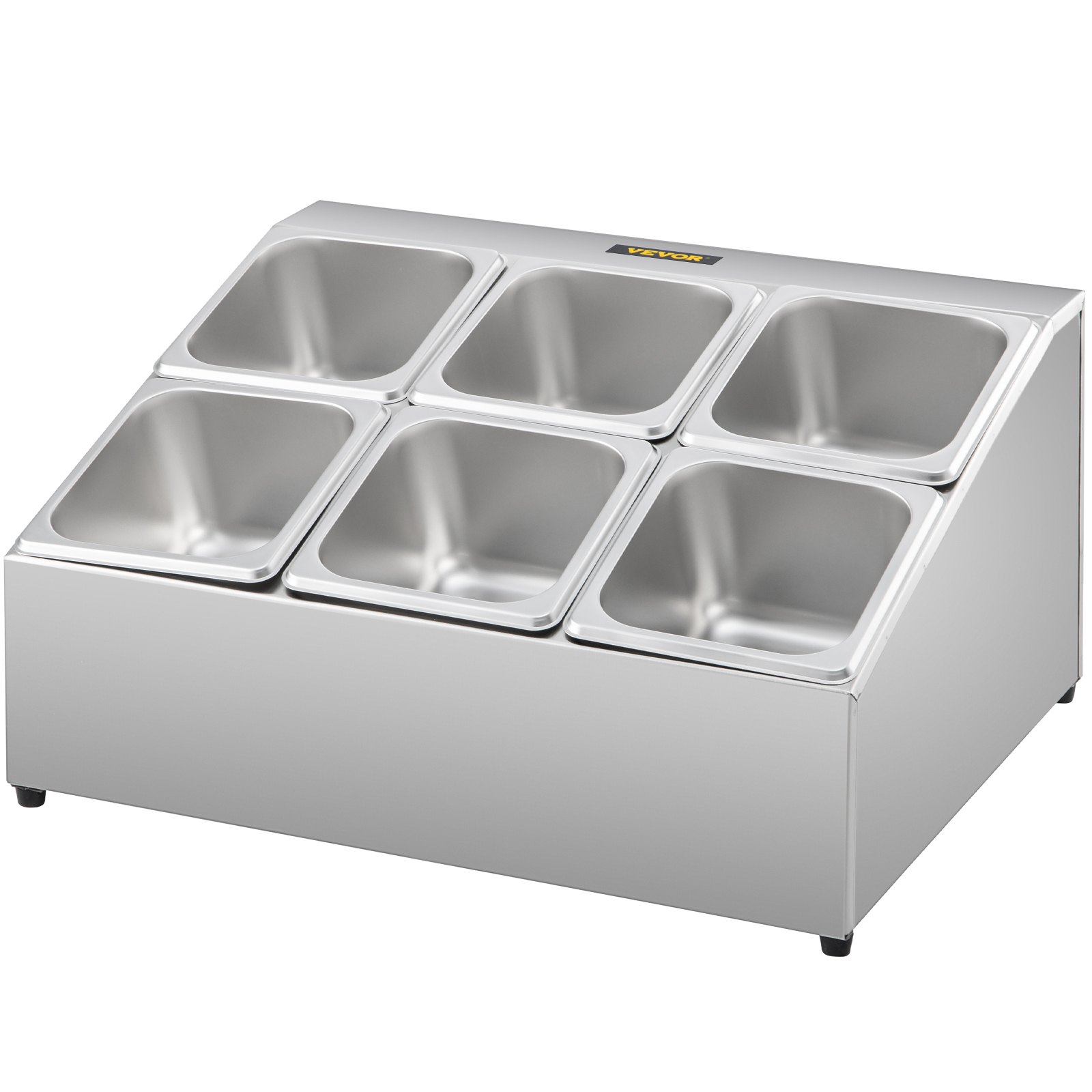 Estante para especias VEVOR, dos filas, soporte organizador de acero inoxidable con seis sartenes de 1/6 y seis cucharones, soporte inclinado para encimera para condimentar salsa, mermelada, ingredientes de frutas, para uso en despensa de cocina