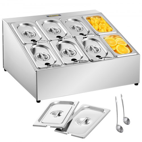 Estante para especias VEVOR, dos filas, soporte organizador de acero inoxidable con ocho sartenes de 1/9 y ocho cucharones, soporte inclinado para encimera para condimentar salsa, mermelada, ingredientes de frutas, para uso en despensa de cocina