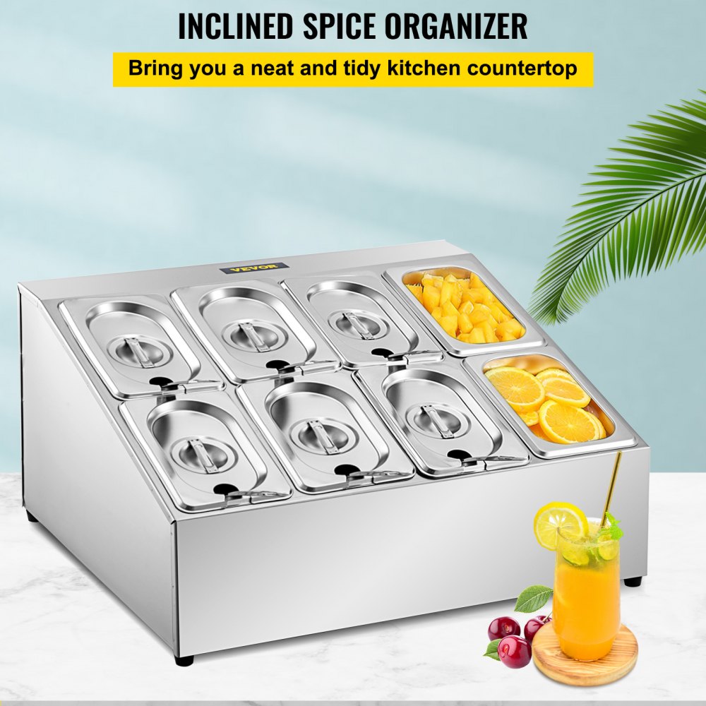 Estante para especias VEVOR, dos filas, soporte organizador de acero inoxidable con ocho sartenes de 1/9 y ocho cucharones, soporte inclinado para encimera para condimentar salsa, mermelada, ingredientes de frutas, para uso en despensa de cocina