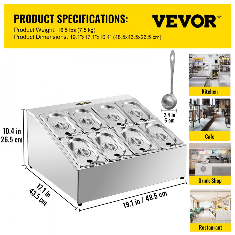 Estante para especias VEVOR, dos filas, soporte organizador de acero inoxidable con ocho sartenes de 1/9 y ocho cucharones, soporte inclinado para encimera para condimentar salsa, mermelada, ingredientes de frutas, para uso en despensa de cocina