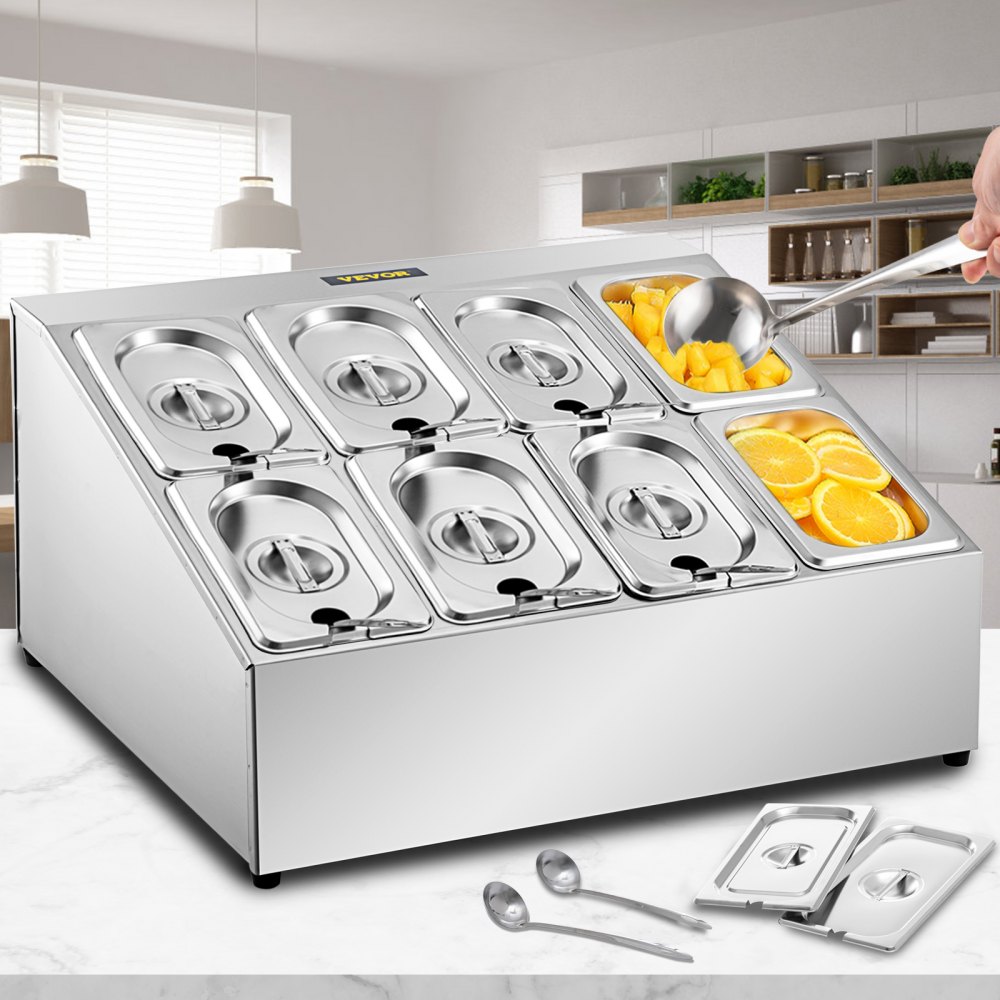 Estante para especias VEVOR, dos filas, soporte organizador de acero inoxidable con ocho sartenes de 1/9 y ocho cucharones, soporte inclinado para encimera para condimentar salsa, mermelada, ingredientes de frutas, para uso en despensa de cocina