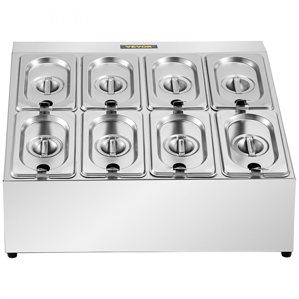 Estante para especias VEVOR, dos filas, soporte organizador de acero inoxidable con ocho sartenes de 1/9 y ocho cucharones, soporte inclinado para encimera para condimentar salsa, mermelada, ingredientes de frutas, para uso en despensa de cocina