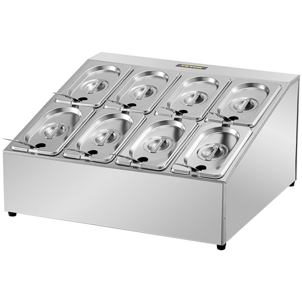 Estante para especias VEVOR, dos filas, soporte organizador de acero inoxidable con ocho sartenes de 1/9 y ocho cucharones, soporte inclinado para encimera para condimentar salsa, mermelada, ingredientes de frutas, para uso en despensa de cocina