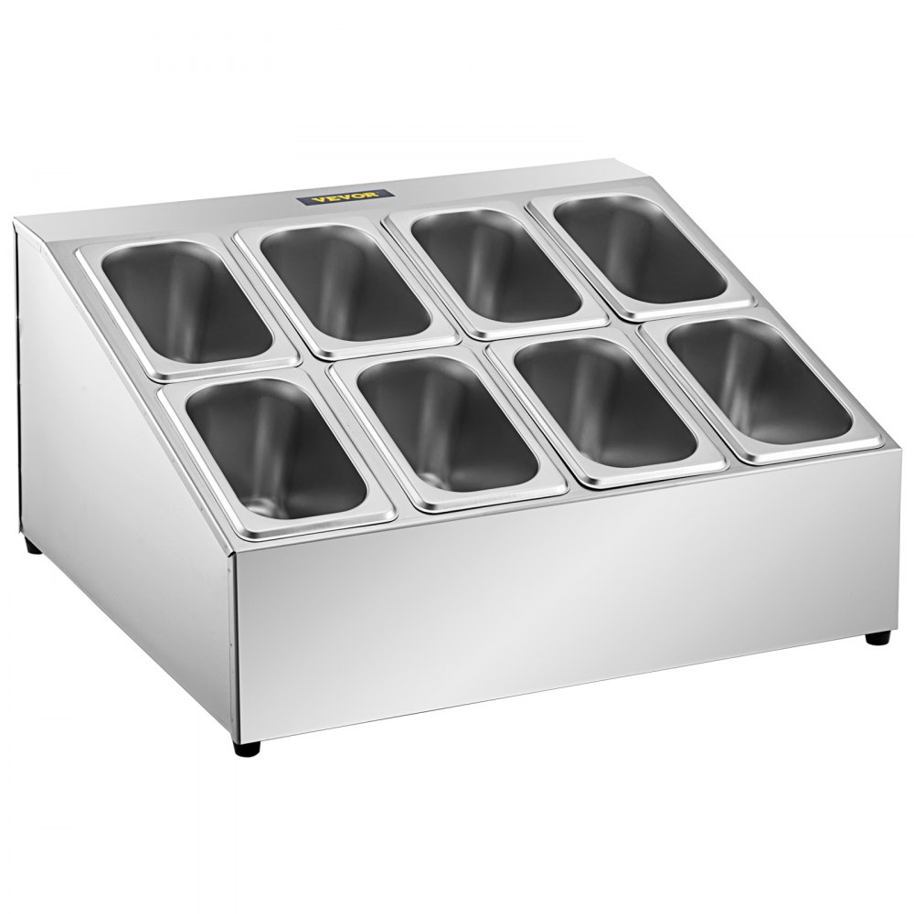 Estante para especias VEVOR, dos filas, soporte organizador de acero inoxidable con ocho sartenes de 1/9 y ocho cucharones, soporte inclinado para encimera para condimentar salsa, mermelada, ingredientes de frutas, para uso en despensa de cocina