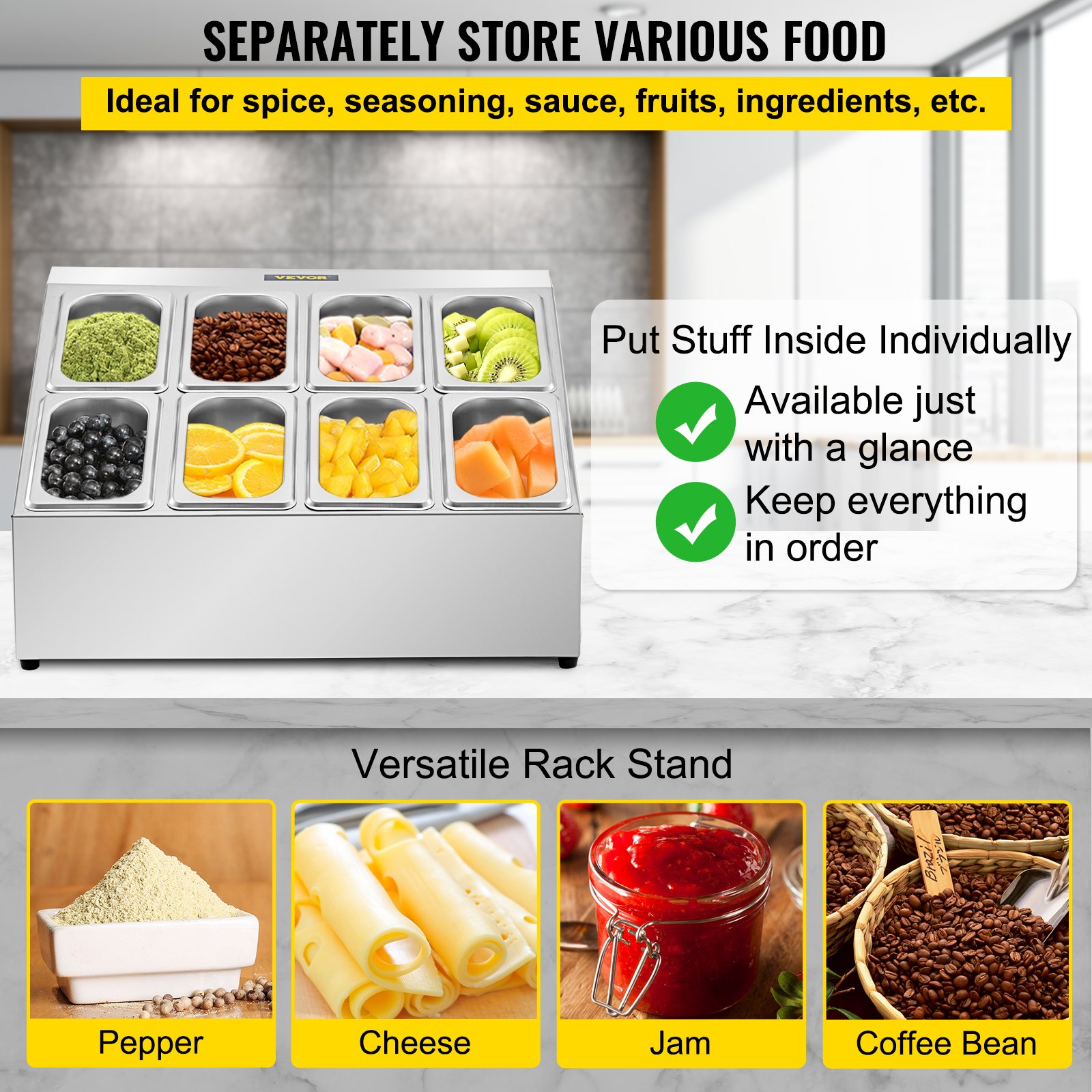 Estante para especias VEVOR, dos filas, soporte organizador de acero inoxidable con ocho sartenes de 1/9 y ocho cucharones, soporte inclinado para encimera para condimentar salsa, mermelada, ingredientes de frutas, para uso en despensa de cocina