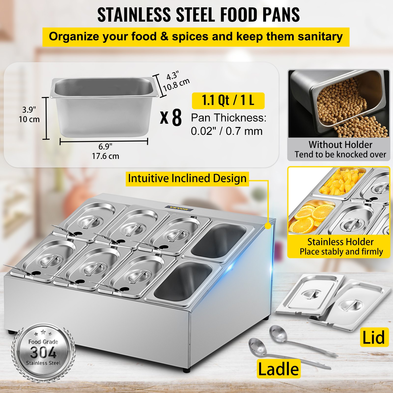 Estante para especias VEVOR, dos filas, soporte organizador de acero inoxidable con ocho sartenes de 1/9 y ocho cucharones, soporte inclinado para encimera para condimentar salsa, mermelada, ingredientes de frutas, para uso en despensa de cocina