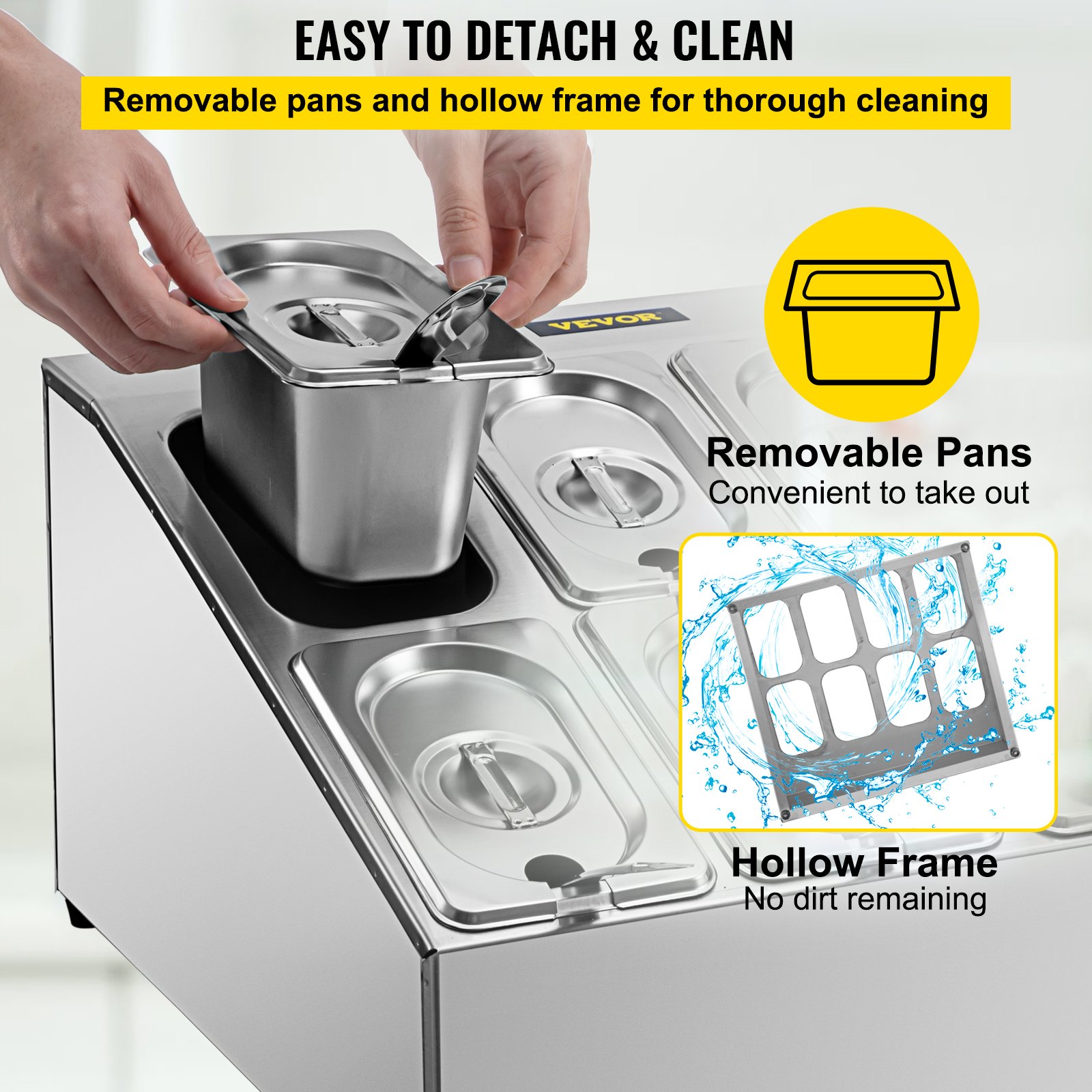 Estante para especias VEVOR, dos filas, soporte organizador de acero inoxidable con ocho sartenes de 1/9 y ocho cucharones, soporte inclinado para encimera para condimentar salsa, mermelada, ingredientes de frutas, para uso en despensa de cocina