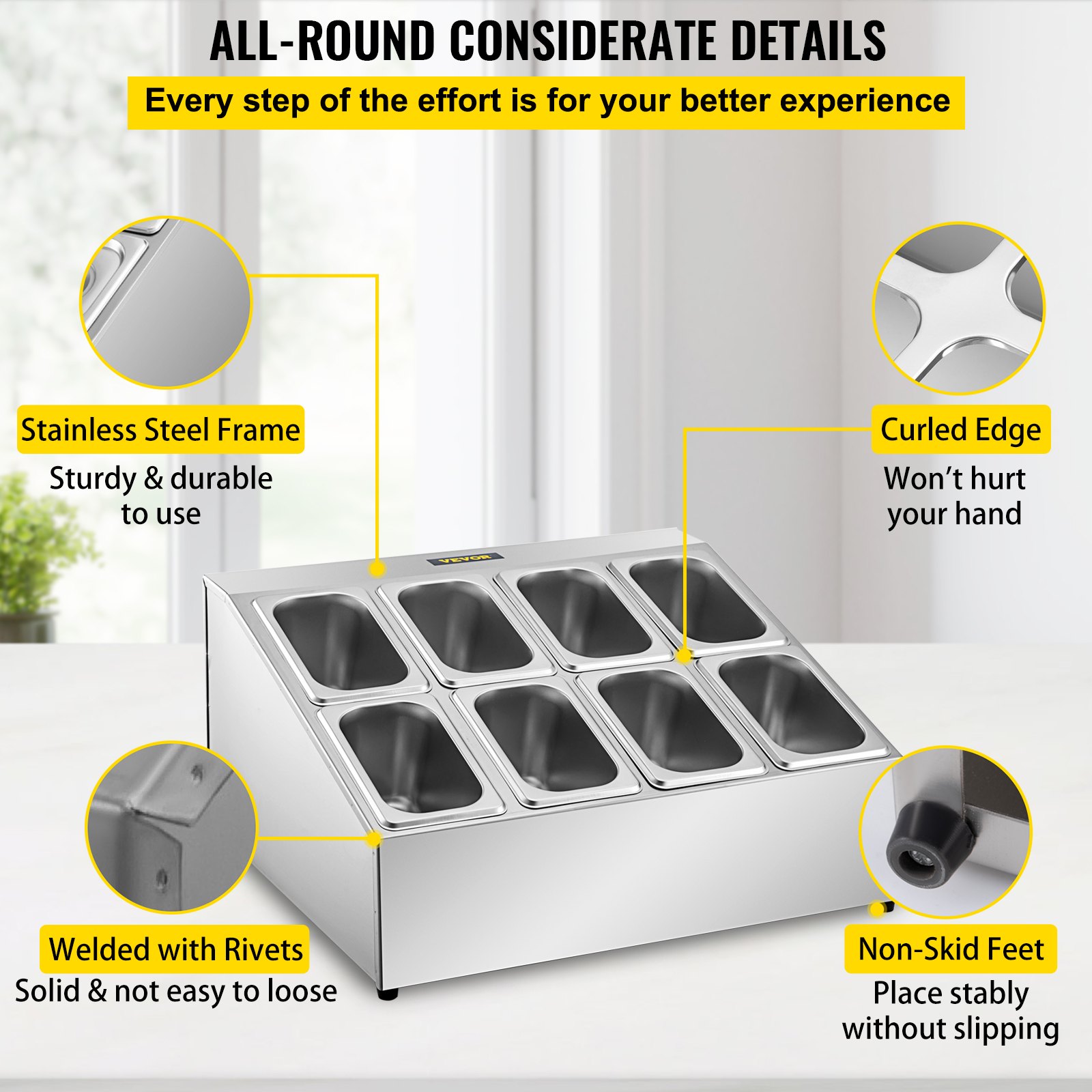 Estante para especias VEVOR, dos filas, soporte organizador de acero inoxidable con ocho sartenes de 1/9 y ocho cucharones, soporte inclinado para encimera para condimentar salsa, mermelada, ingredientes de frutas, para uso en despensa de cocina