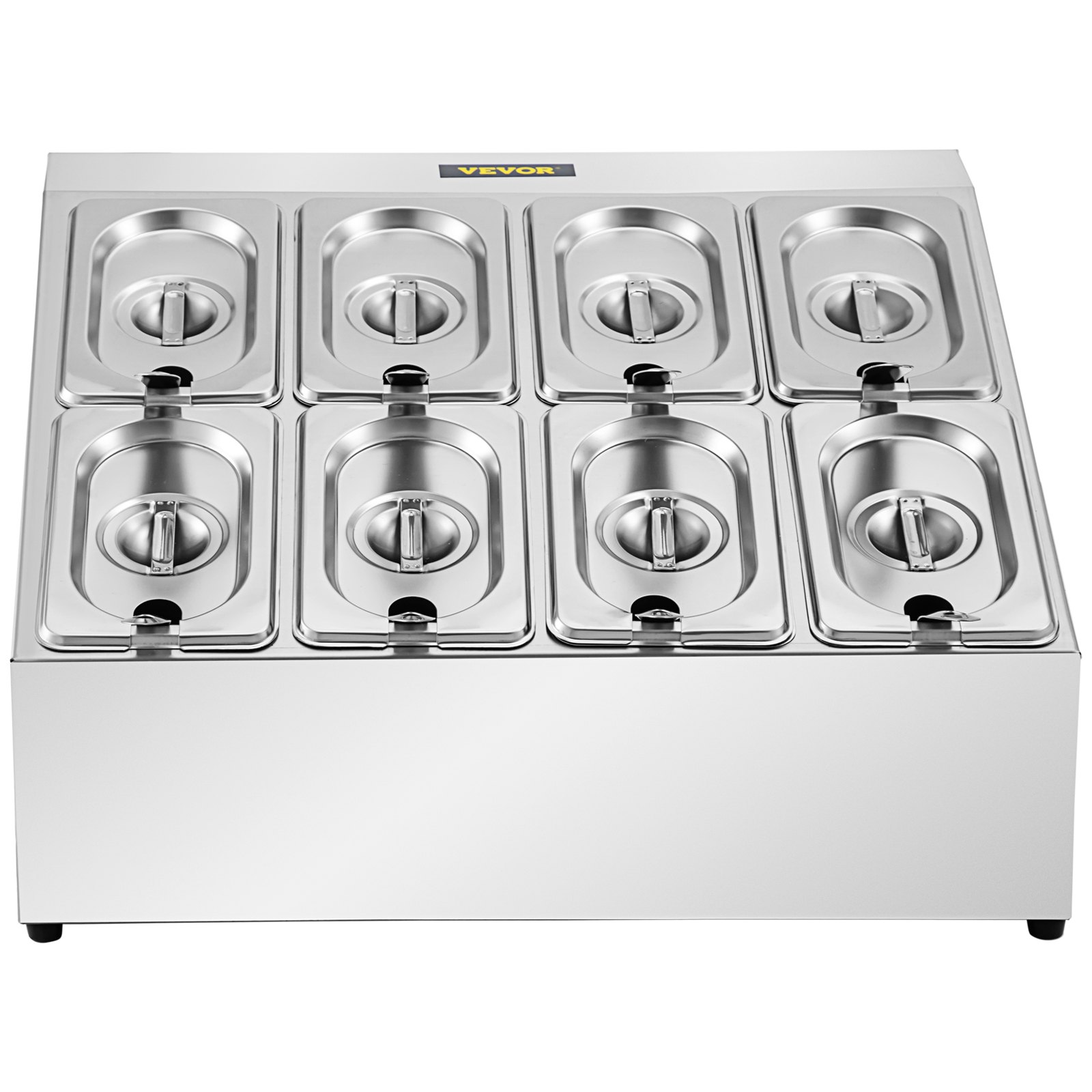 Estante para especias VEVOR, dos filas, soporte organizador de acero inoxidable con ocho sartenes de 1/9 y ocho cucharones, soporte inclinado para encimera para condimentar salsa, mermelada, ingredientes de frutas, para uso en despensa de cocina