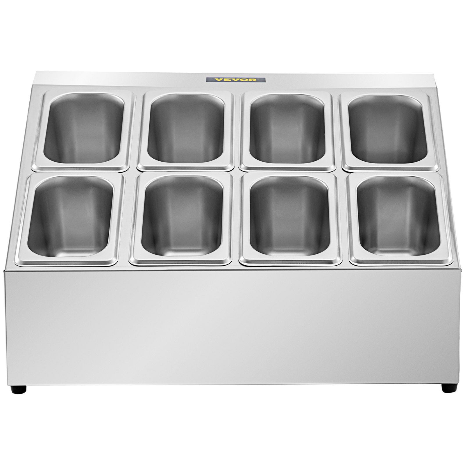 Estante para especias VEVOR, dos filas, soporte organizador de acero inoxidable con ocho sartenes de 1/9 y ocho cucharones, soporte inclinado para encimera para condimentar salsa, mermelada, ingredientes de frutas, para uso en despensa de cocina