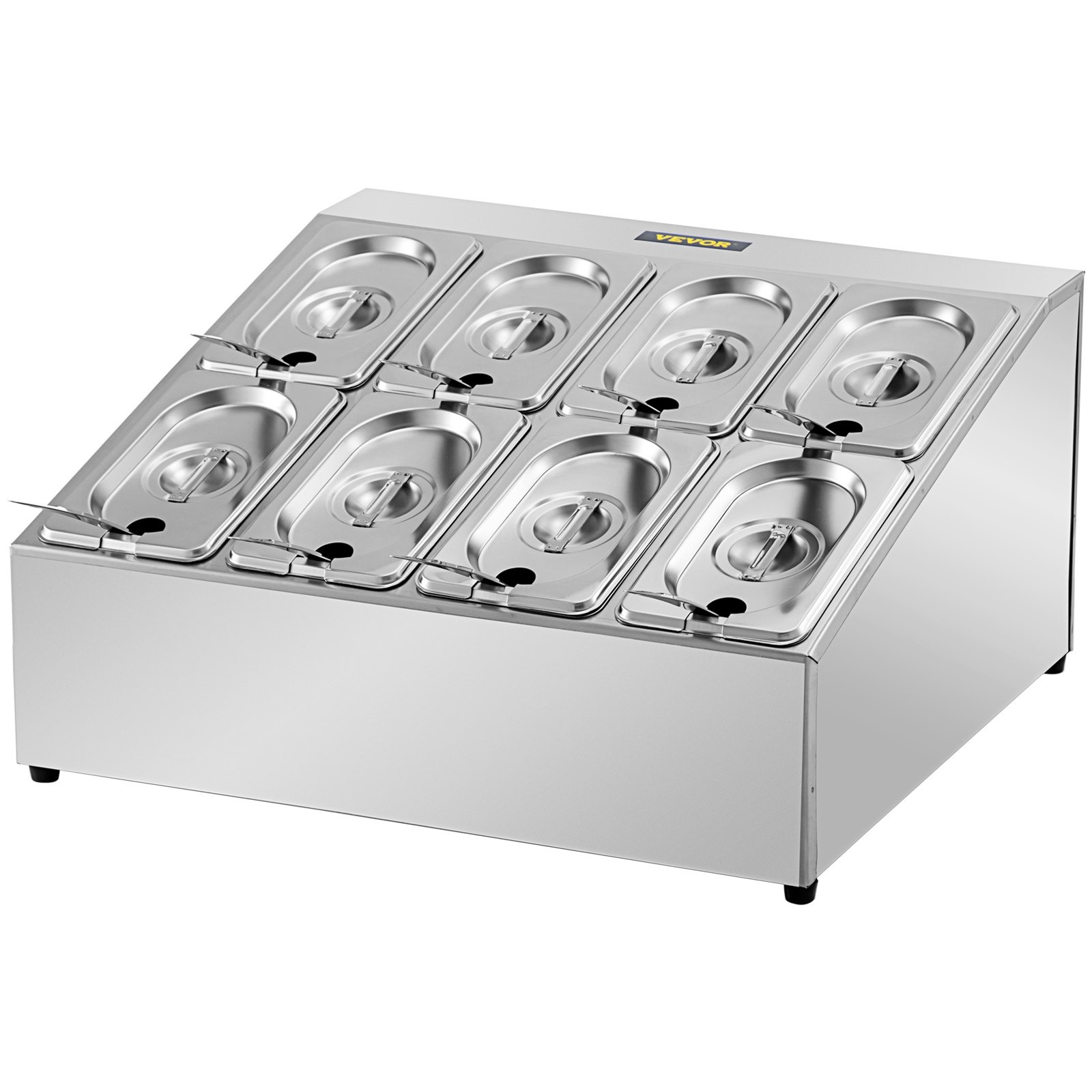 Estante para especias VEVOR, dos filas, soporte organizador de acero inoxidable con ocho sartenes de 1/9 y ocho cucharones, soporte inclinado para encimera para condimentar salsa, mermelada, ingredientes de frutas, para uso en despensa de cocina