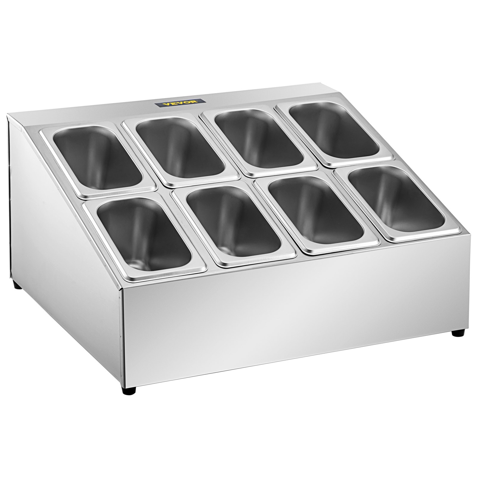 Estante para especias VEVOR, dos filas, soporte organizador de acero inoxidable con ocho sartenes de 1/9 y ocho cucharones, soporte inclinado para encimera para condimentar salsa, mermelada, ingredientes de frutas, para uso en despensa de cocina