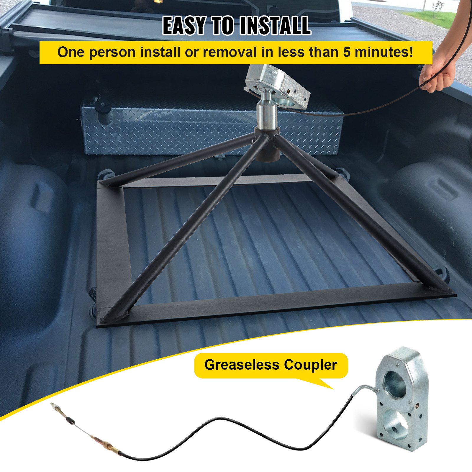 Enganche de quinta rueda VEVOR, montaje en riel, adaptador de enganche de remolque, base de acero de 14.2" de alto, peso bruto bruto (GTWR) de 22 046 lb, peso de la barra de remolque de 4409 lb, adaptador de cuello de cisne para caravanas, compatible con la mayoría de camionetas con rieles estándar.