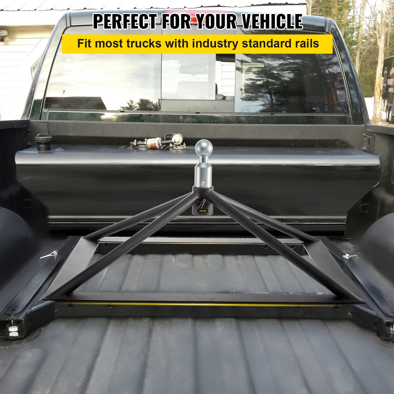 Enganche de quinta rueda VEVOR, montaje en riel, adaptador de enganche de remolque, base de acero de 14.2" de alto, peso bruto bruto (GTWR) de 22 046 lb, peso de la barra de remolque de 4409 lb, adaptador de cuello de cisne para caravanas, compatible con la mayoría de camionetas con rieles estándar.