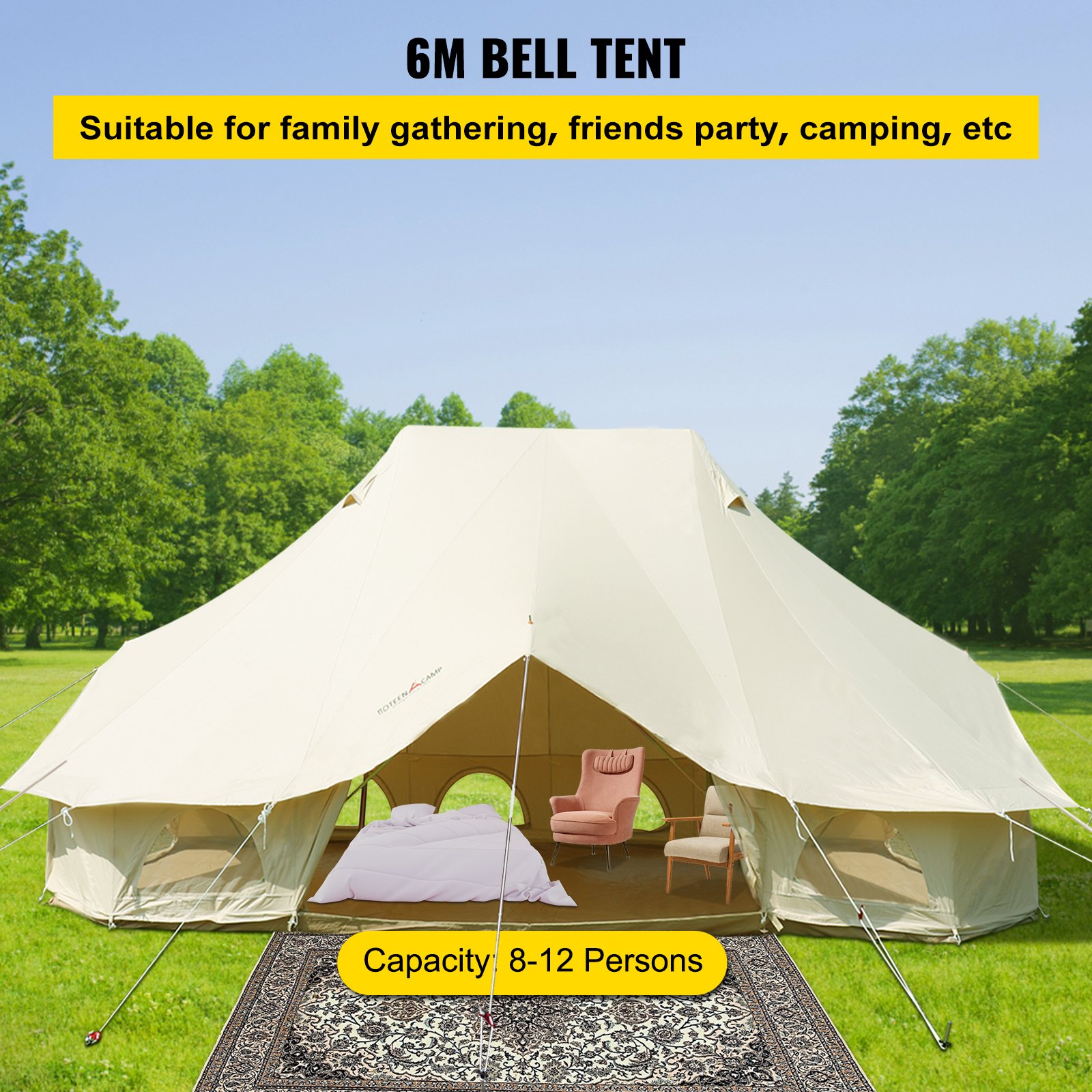 VEVOR 6m Bell Tent 19.7x13.1x9.8ft Yurta Beige Lona Carpa Algodón Glamping Carpas 8-12 Personas 4 Estaciones Tipi Carpa Portátil para Adultos Lujo Safari Carpa para Familia Acampar al Aire Libre Ligero