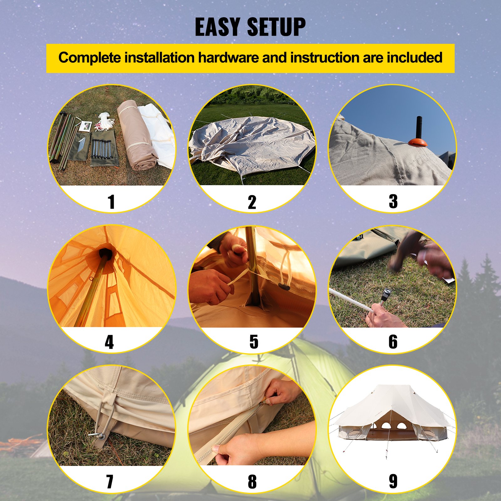 VEVOR 6m Bell Tent 19.7x13.1x9.8ft Yurta Beige Lona Carpa Algodón Glamping Carpas 8-12 Personas 4 Estaciones Tipi Carpa Portátil para Adultos Lujo Safari Carpa para Familia Acampar al Aire Libre Ligero