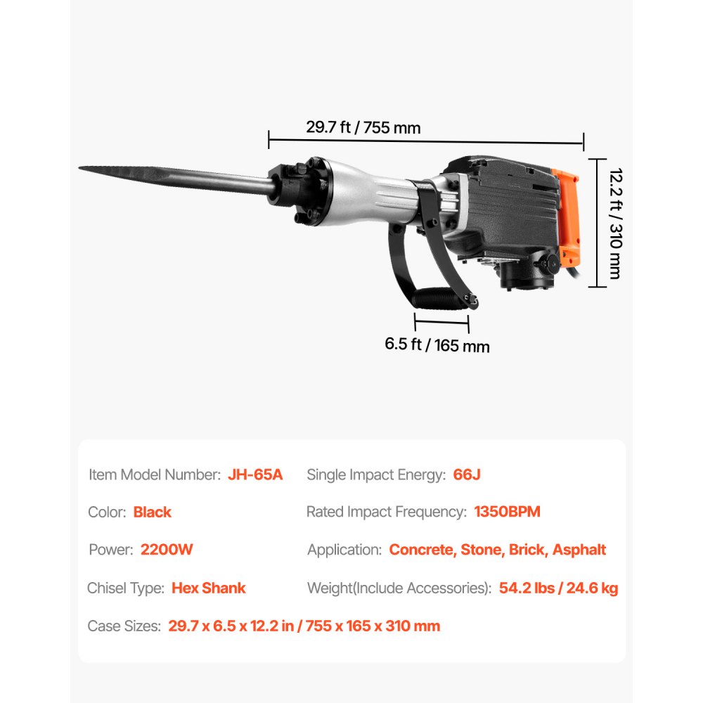 Martillo de demolición VEVOR, martillo rompedor de hormigón de 2200 W, martillo eléctrico de alta resistencia de 1350 BPM, 4 cinceles con estuche, color negro