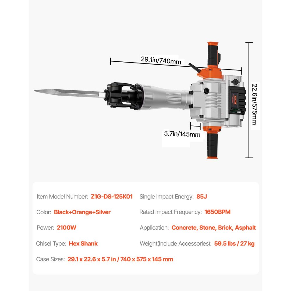 Martillo demoledor VEVOR, martillo demoledor eléctrico de alta resistencia de 2100 W, martillo demoledor industrial de 1650 BPM para hormigón, incluye 1 cincel de punta, 1 cincel plano, guantes y gafas protectoras.