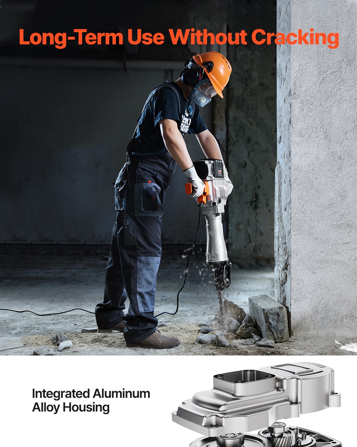 Martillo demoledor VEVOR, martillo demoledor eléctrico de alta resistencia de 2100 W, martillo demoledor industrial de 1650 BPM para hormigón, incluye 1 cincel de punta, 1 cincel plano, guantes y gafas protectoras.