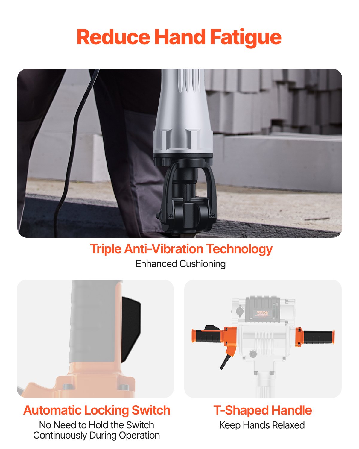 Martillo demoledor VEVOR, martillo demoledor eléctrico de alta resistencia de 2100 W, martillo demoledor industrial de 1650 BPM para hormigón, incluye 1 cincel de punta, 1 cincel plano, guantes y gafas protectoras.