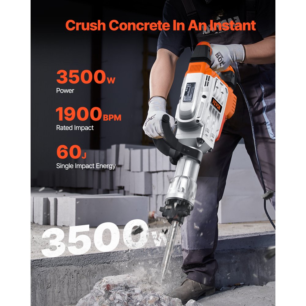 Martillo de demolición VEVOR de 3500 W, martillo rompedor de hormigón, 2 cinceles con guantes y mango frontal giratorio de 360 °C para zanjas, martillo eléctrico de alta resistencia de 1900 BPM, color negro