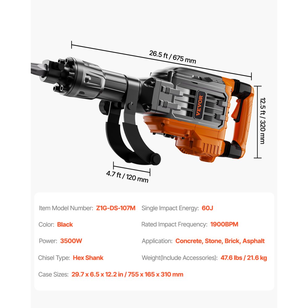 Martillo de demolición VEVOR de 3500 W, martillo rompedor de hormigón, 2 cinceles con guantes y mango frontal giratorio de 360 °C para zanjas, martillo eléctrico de alta resistencia de 1900 BPM, color negro