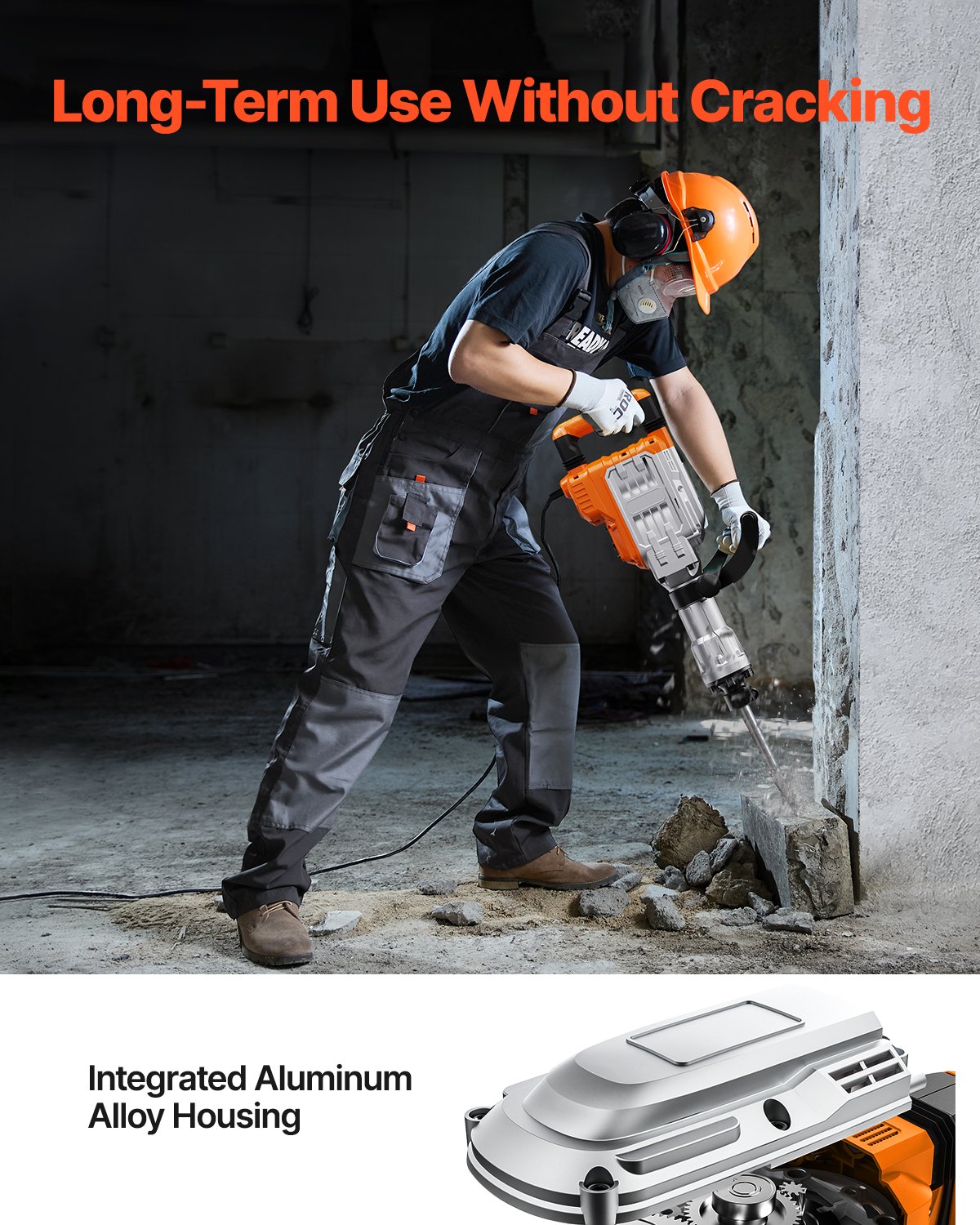 Martillo de demolición VEVOR de 3500 W, martillo rompedor de hormigón, 2 cinceles con guantes y mango frontal giratorio de 360 °C para zanjas, martillo eléctrico de alta resistencia de 1900 BPM, color negro