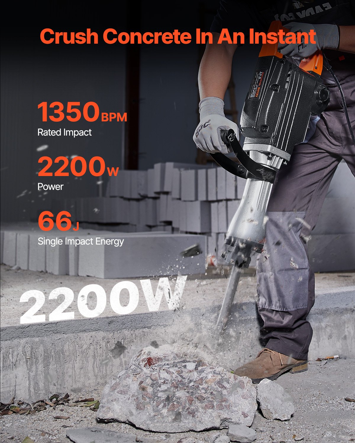 Martillo demoledor VEVOR, 1350 BPM, rompedor de hormigón, 6 cinceles y brocas para cincelar, con estuche, martillo eléctrico de 2200 W para trabajos pesados, negro