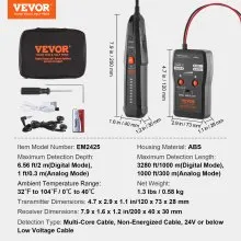 Localizador de cables subterráneos VEVOR, 6,5 pies máx. Profundidad de detección, detector de roturas de trazador de cables con auricular, probador de cable de longitud máxima de detección de 3280 pies para riego de válvula de rociador enterrado cerca de mascotas
