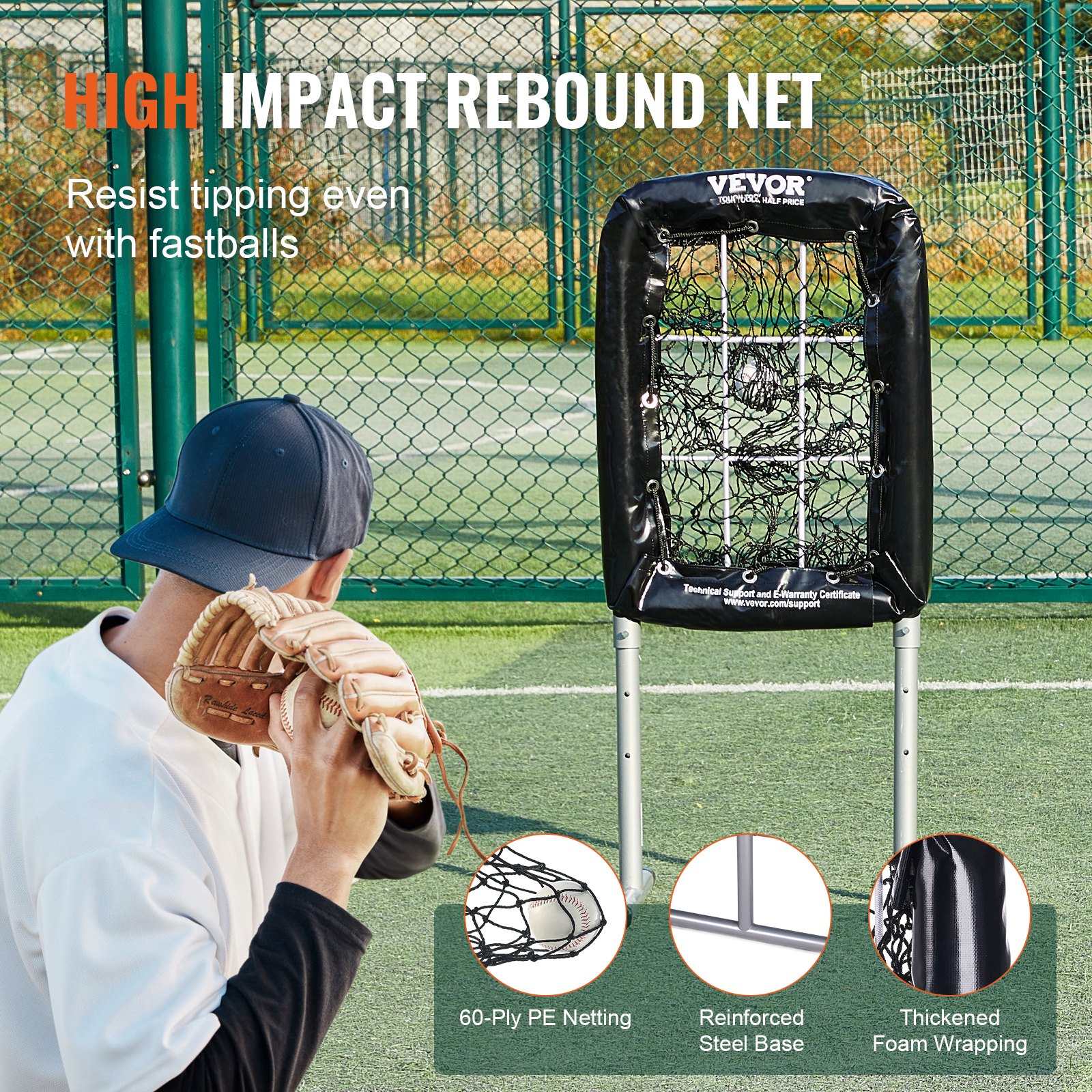 Jugador de béisbol practicando con la red de entrenamiento de béisbol VEVOR con rebote de alto impacto y base reforzada.