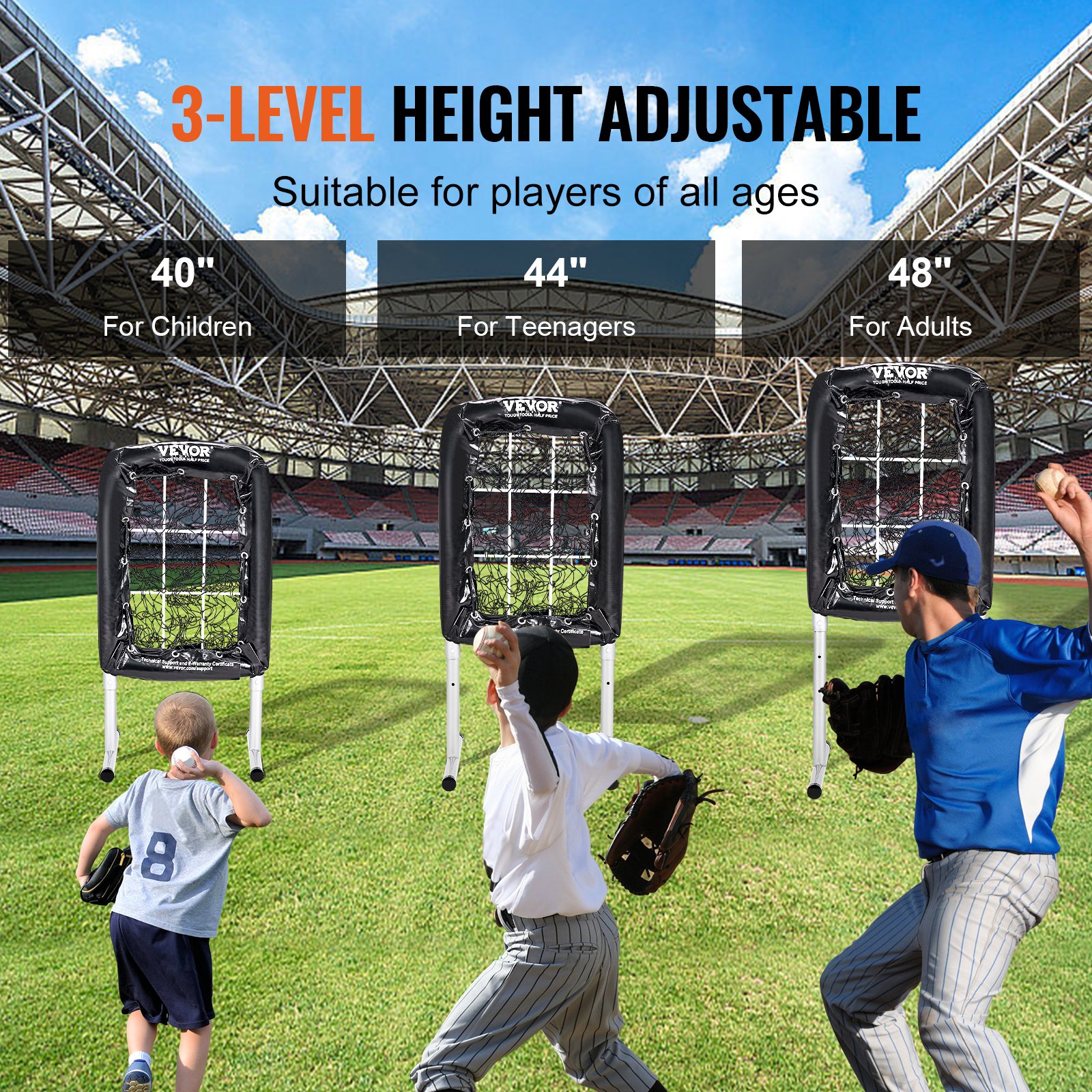 Red de entrenamiento de béisbol VEVOR en estadio, altura ajustable para niños, adolescentes y adultos.
