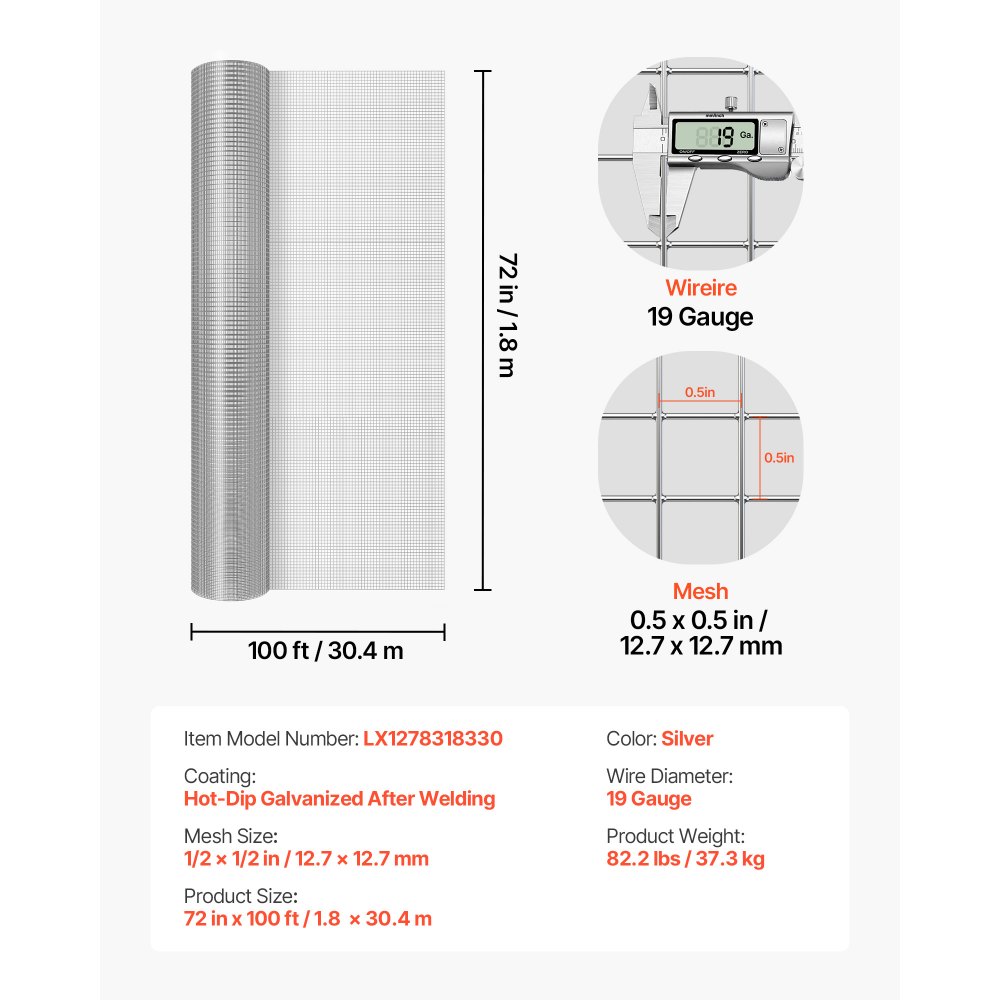 VEVOR Malla Metálica 1,8 m x 30,4 m, Malla Fina Cuadrada de 12,7 mm x 12,7 mm, Rollo de Alambre de Acero Galvanizado para Cercar Jardín Gallinero, Valla de Red para Prevenir Ratones Ardillas Conejos