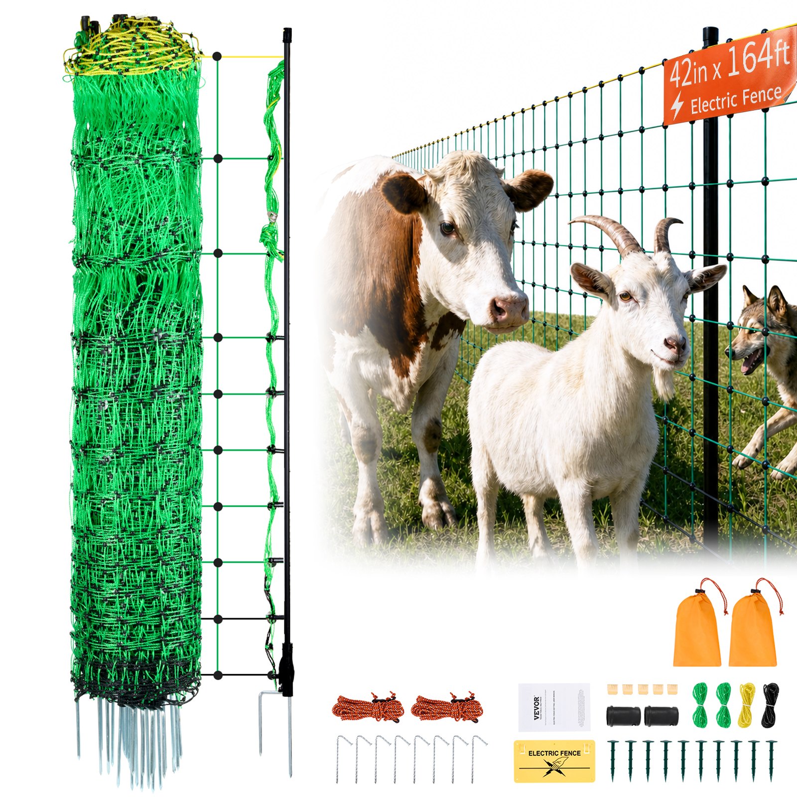 VEVOR Kit de red para cerca eléctrica cerca de red de PE 1,06 x 49,98 m con postes de estaca de doble púa malla utilitaria portátil para cabras, ovejas, corderos, ciervos, cerdos, perros, granjas