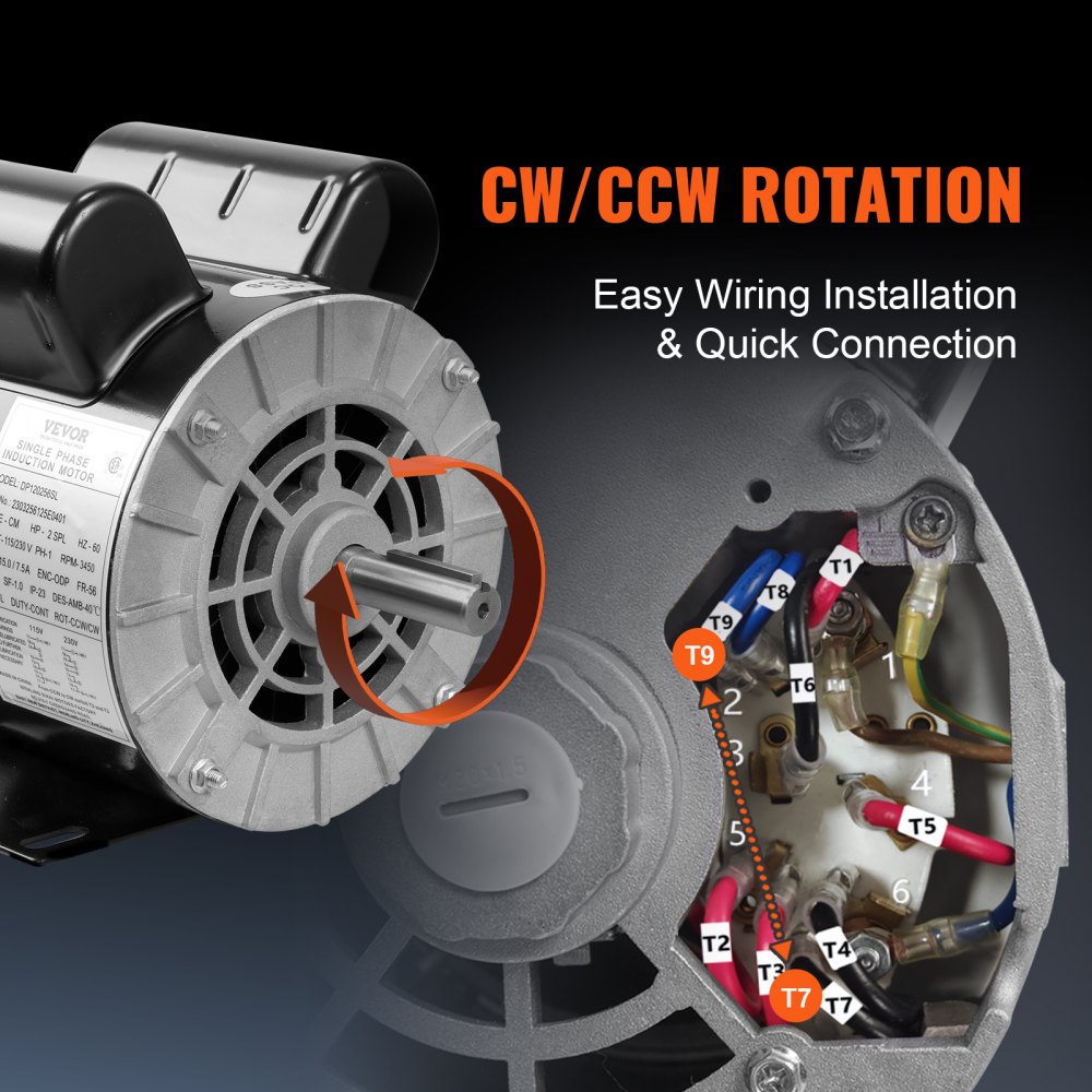 Motor compresor de aire VEVOR con rotación cw/ccw, fácil instalación de cableado y conexión rápida.
