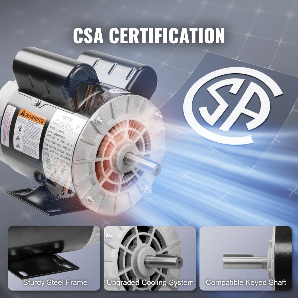 Motor compresor de aire VEVOR con certificación CSA, marco de acero resistente, sistema de enfriamiento mejorado y eje con chaveta.