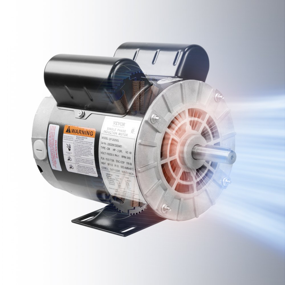 Motor compresor de aire VEVOR con carcasa metálica y ventilador de refrigeración, con etiqueta técnica y pegatina de advertencia.
