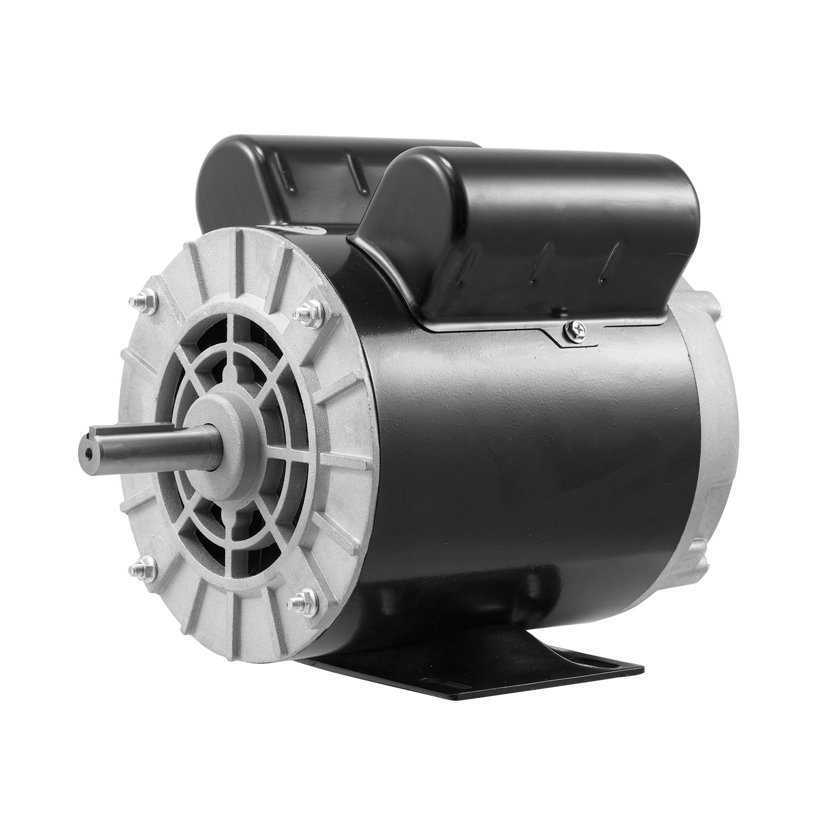 Motor compresor de aire VEVOR, carcasa negra y plateada, vista frontal con eje de metal visible.