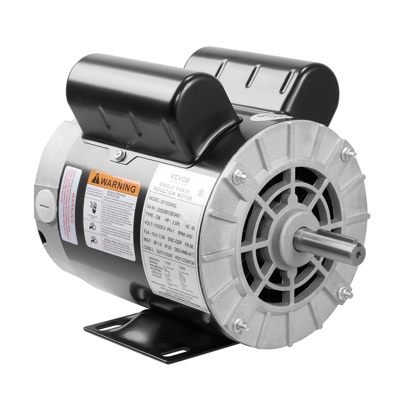 Motor compresor de aire VEVOR en color negro y plateado con etiqueta de advertencia y especificaciones técnicas.