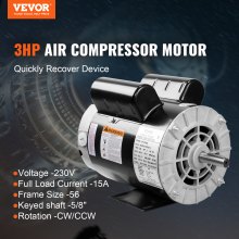 Motor eléctrico de compresor de aire VEVOR 3HP, 230 V, 15 amperios, 56 marcos 3450 RPM, eje con llave de 5/8", rotación CW/CCW, longitud del eje de 1,88" para compresores de aire
