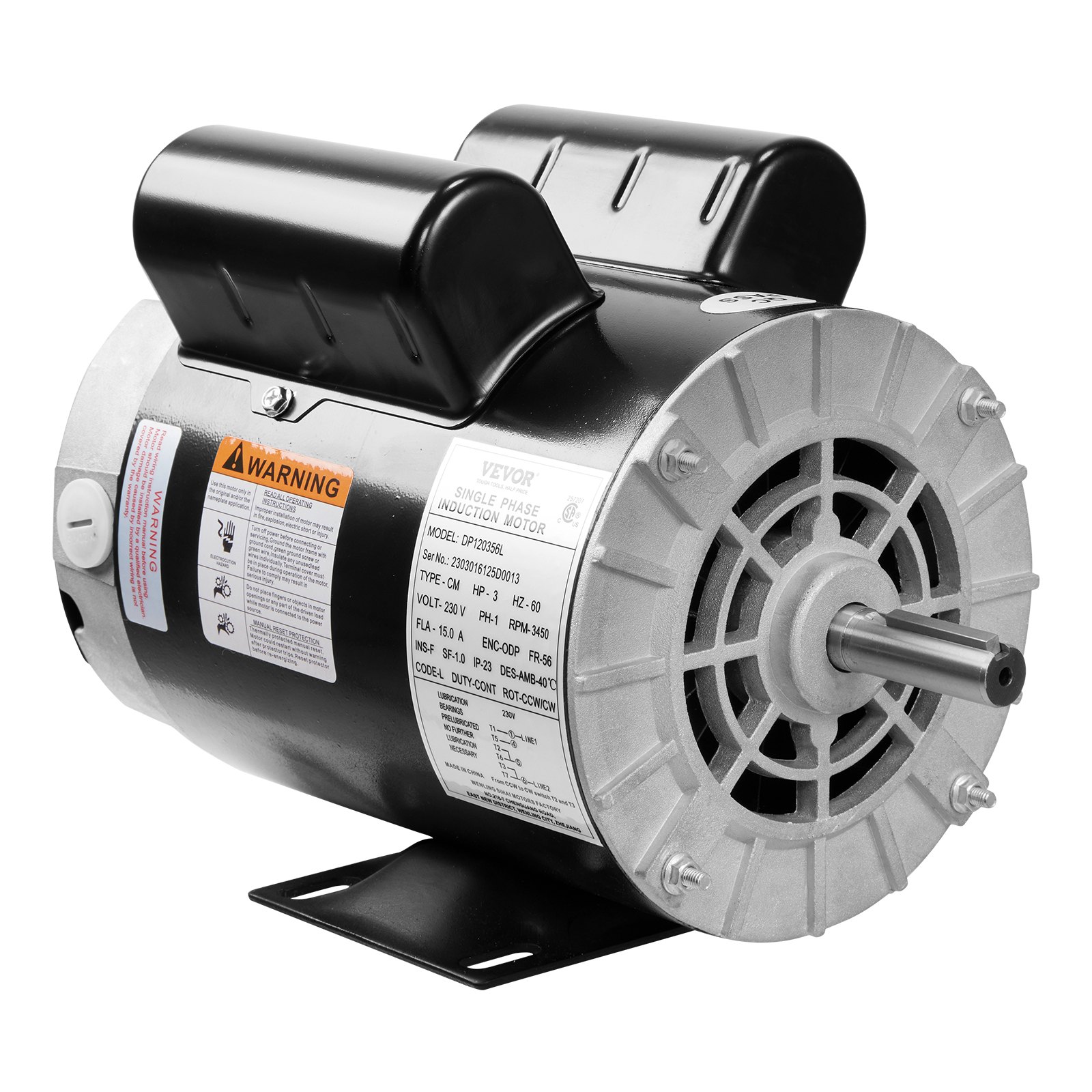 Motor eléctrico de compresor de aire VEVOR 3HP, 230 V, 15 amperios, 56 marcos 3450 RPM, eje con llave de 5/8", rotación CW/CCW, longitud del eje de 1,88" para compresores de aire