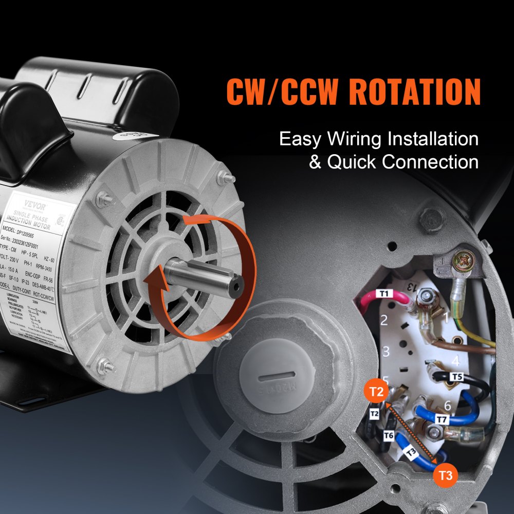 Motor compresor de aire VEVOR con rotación cw/ccw, fácil instalación de cableado y conexión rápida.