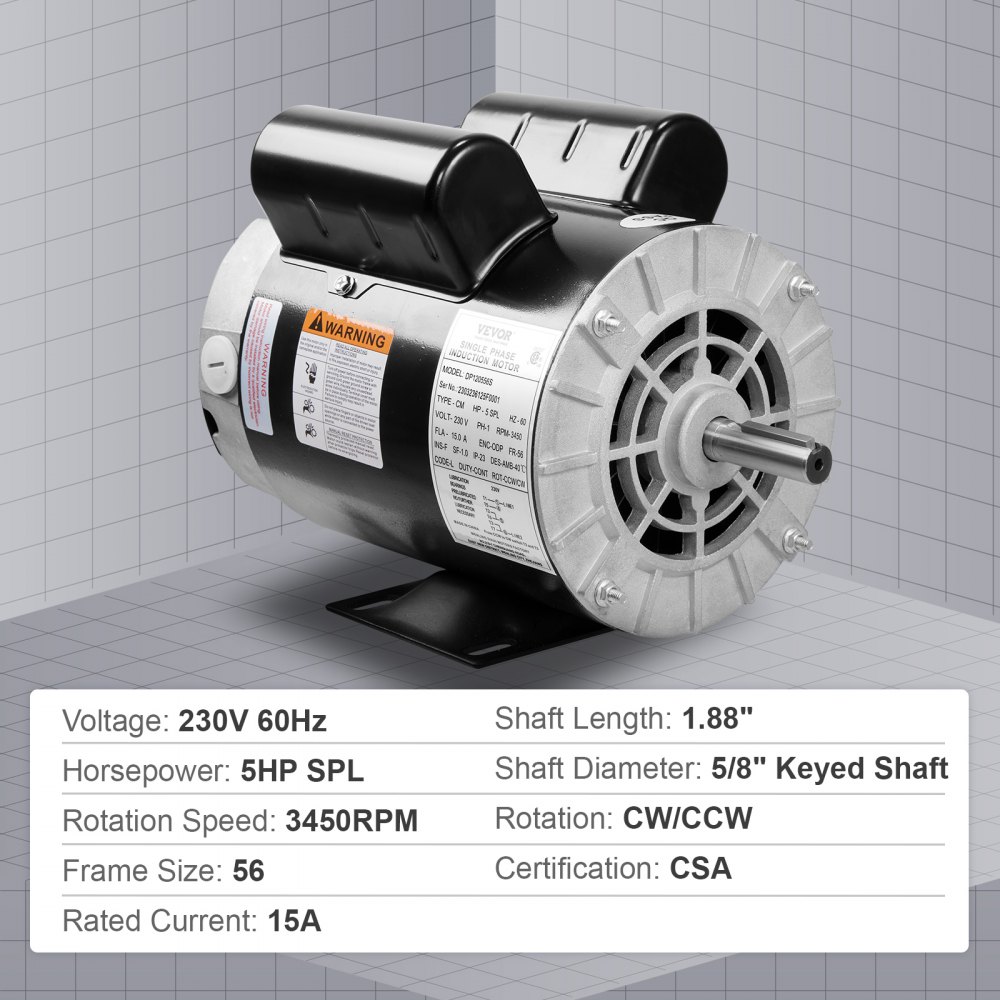 Motor compresor de aire VEVOR con 230 V 60 Hz, 5 HP SPL, 3450 rpm, tamaño de marco 56, corriente nominal de 15 A, certificado CSA.