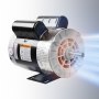 Motor compresor de aire VEVOR, motor de inducción monofásico con aletas de enfriamiento, etiqueta de advertencia y base de montaje.