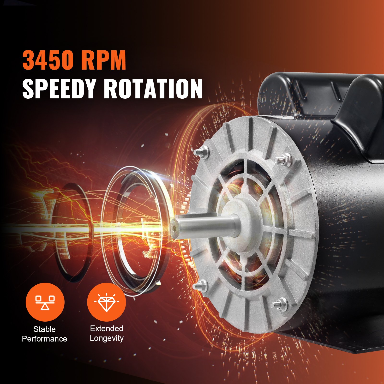 Motor compresor de aire VEVOR con rotación rápida de 3450 rpm, destacando un rendimiento estable y una mayor longevidad.