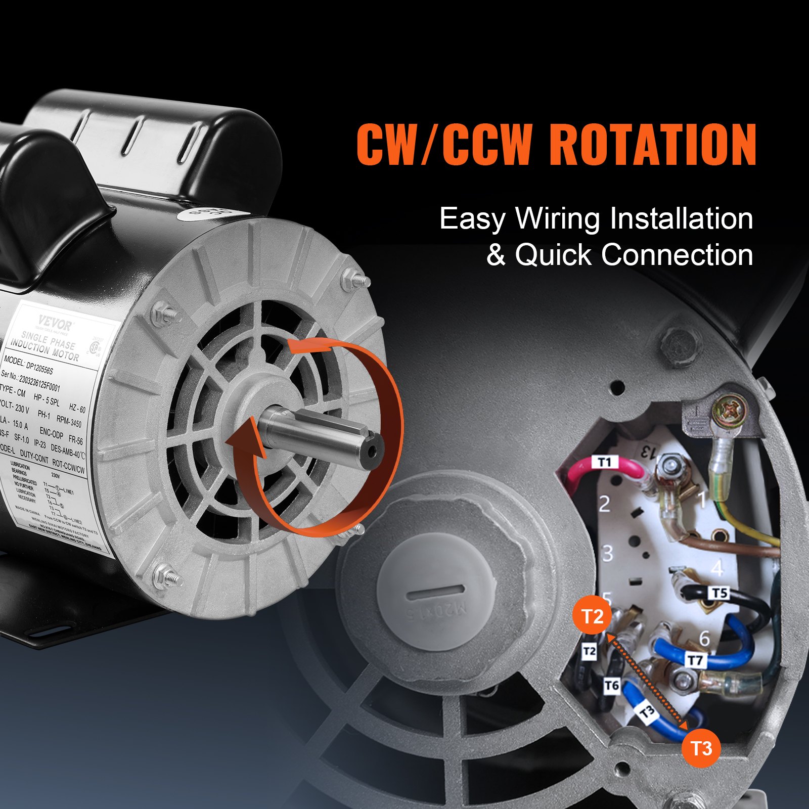 Motor compresor de aire VEVOR con rotación cw/ccw, fácil instalación de cableado y conexión rápida.