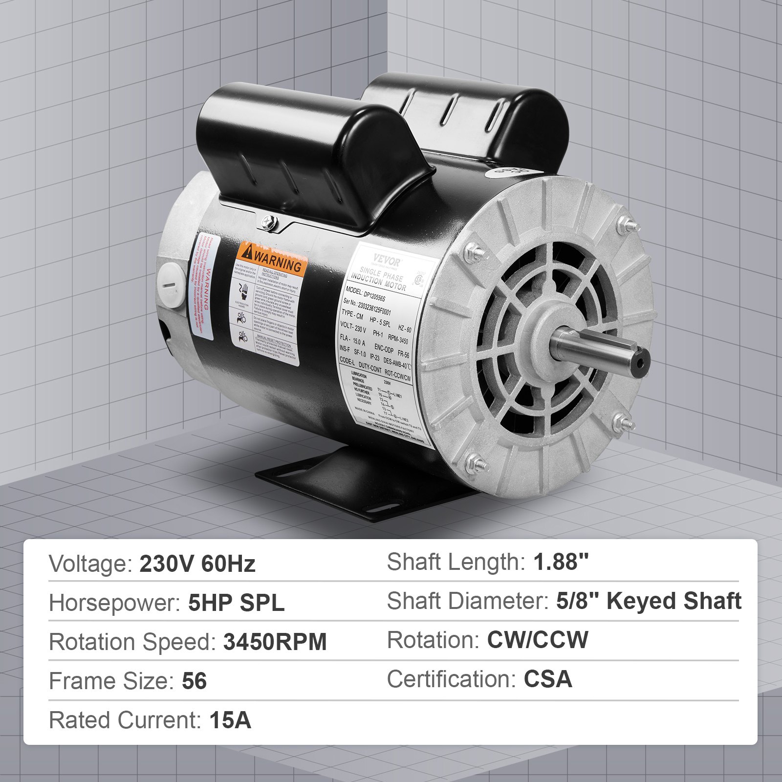 Motor compresor de aire VEVOR con 230 V 60 Hz, 5 HP SPL, 3450 rpm, tamaño de marco 56, corriente nominal de 15 A, certificado CSA.
