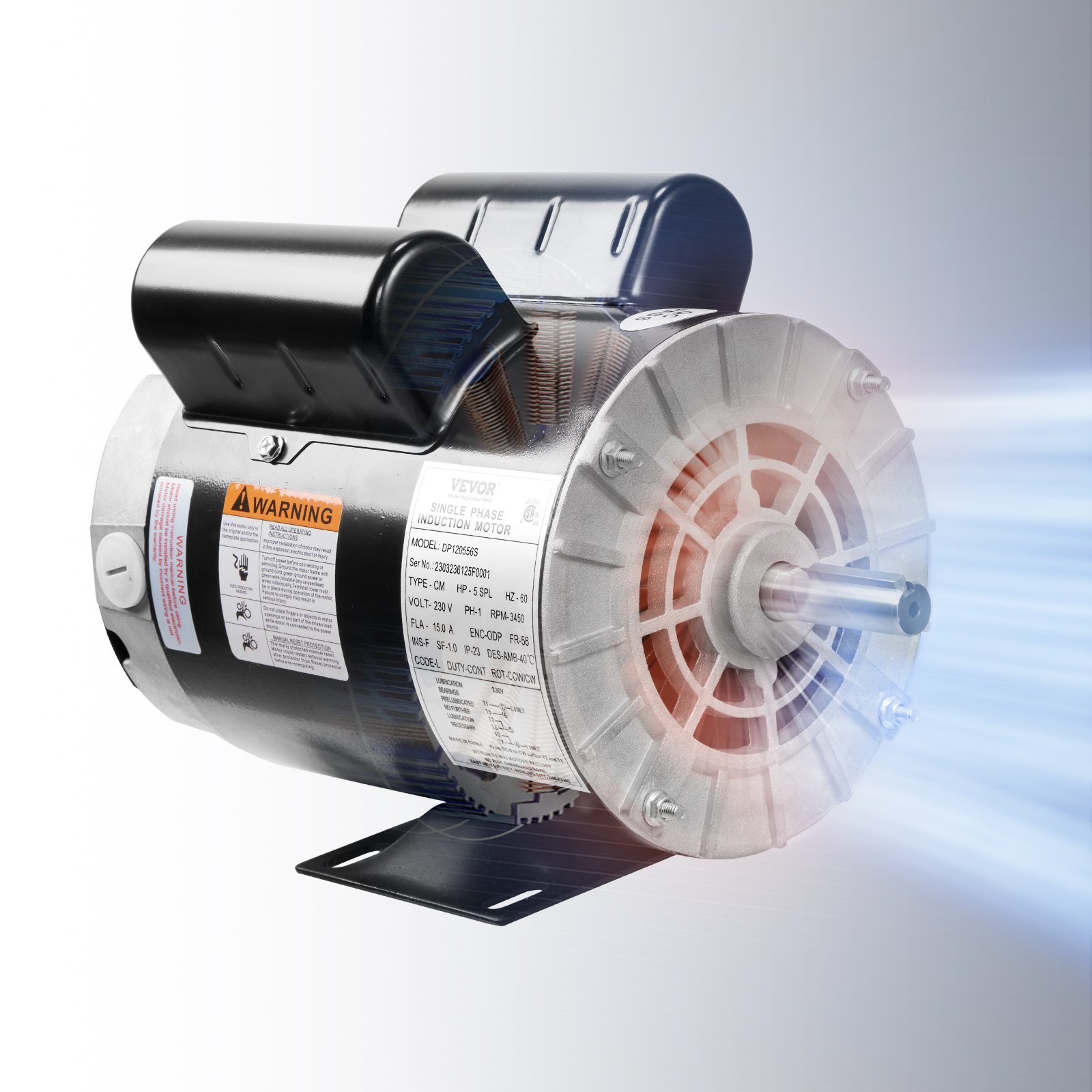 Motor compresor de aire VEVOR, motor de inducción monofásico con aletas de enfriamiento, etiqueta de advertencia y base de montaje.