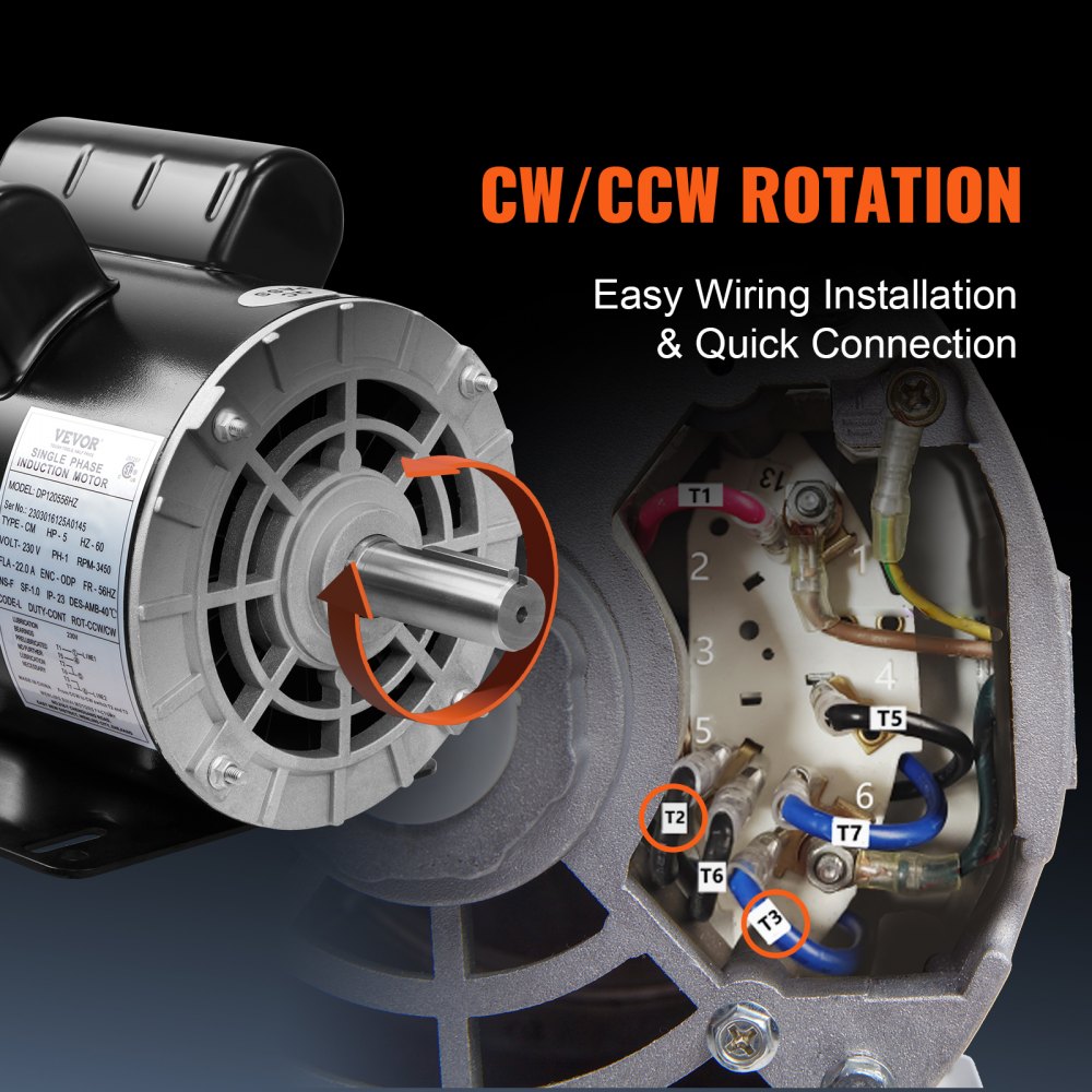 Motor compresor de aire VEVOR de 5 hp con rotación cw/ccw, fácil instalación de cableado y conexión rápida.